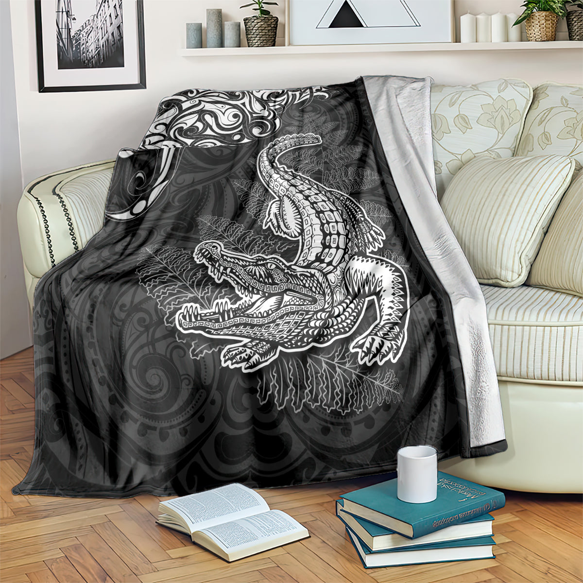 New Zealand Crocodile Tattoo and Fern Blanket Maori Pattern LT03 Black - Polynesian Pride