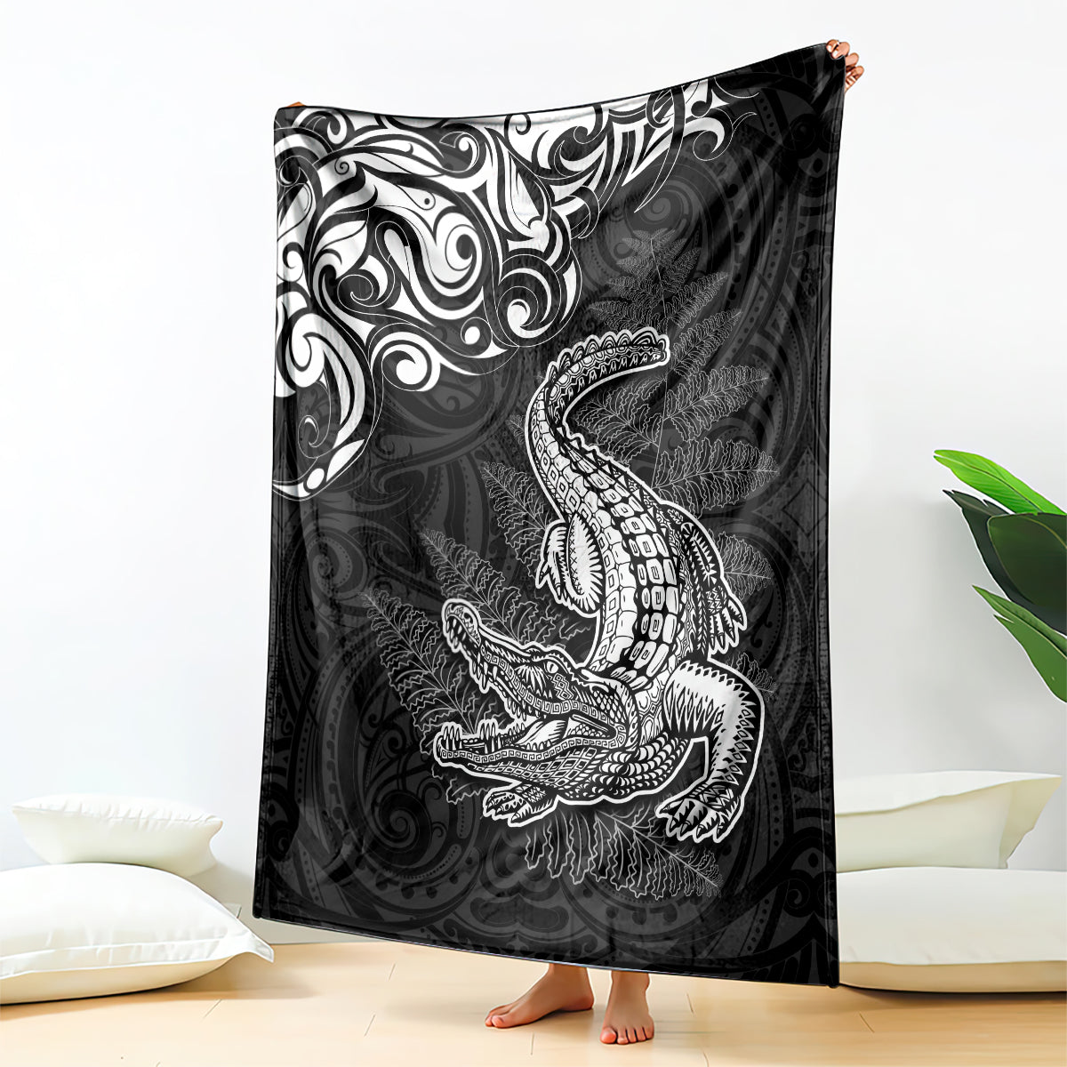 New Zealand Crocodile Tattoo and Fern Blanket Maori Pattern LT03 - Polynesian Pride