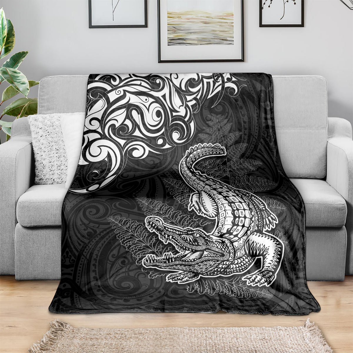New Zealand Crocodile Tattoo and Fern Blanket Maori Pattern LT03 - Polynesian Pride