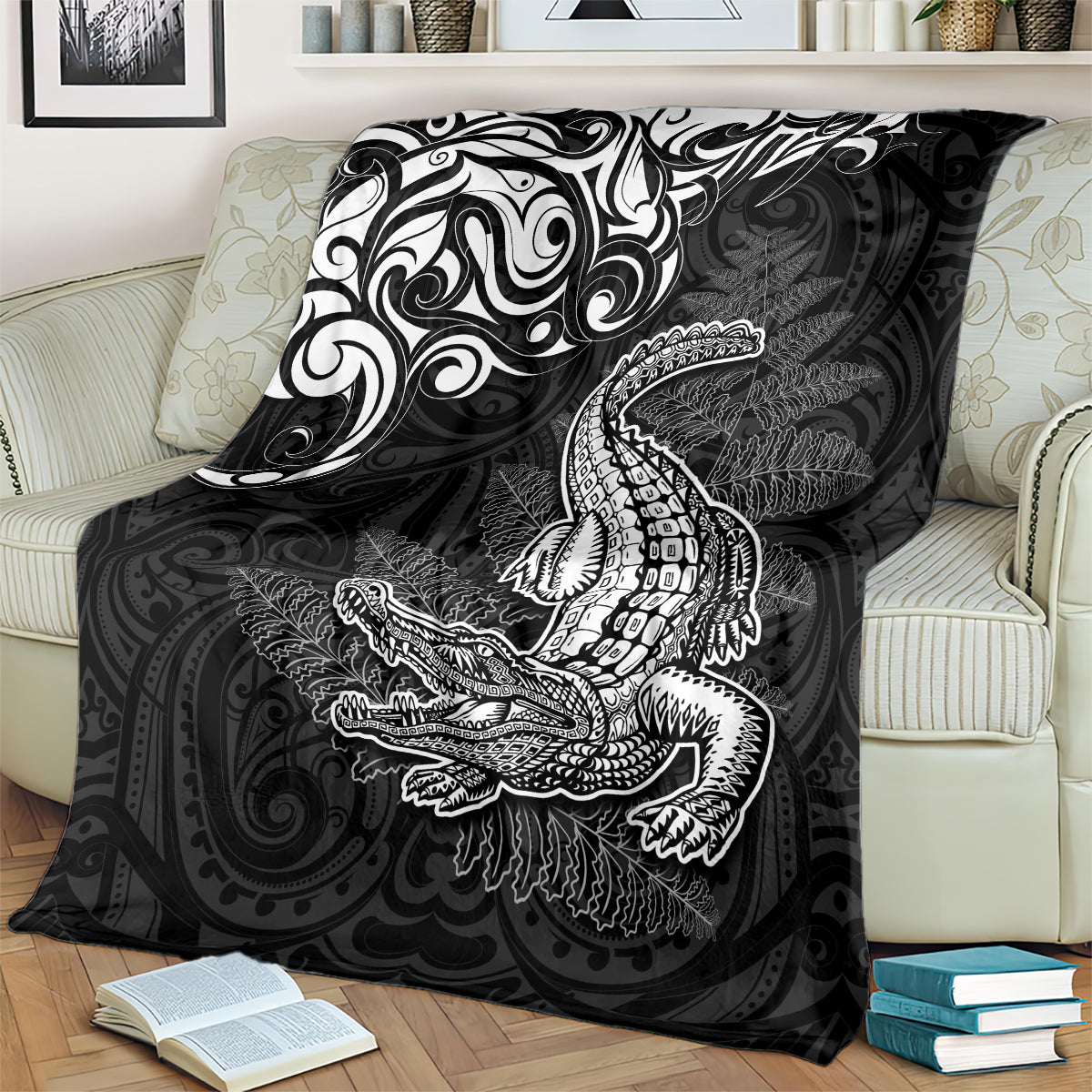 New Zealand Crocodile Tattoo and Fern Blanket Maori Pattern LT03 - Polynesian Pride