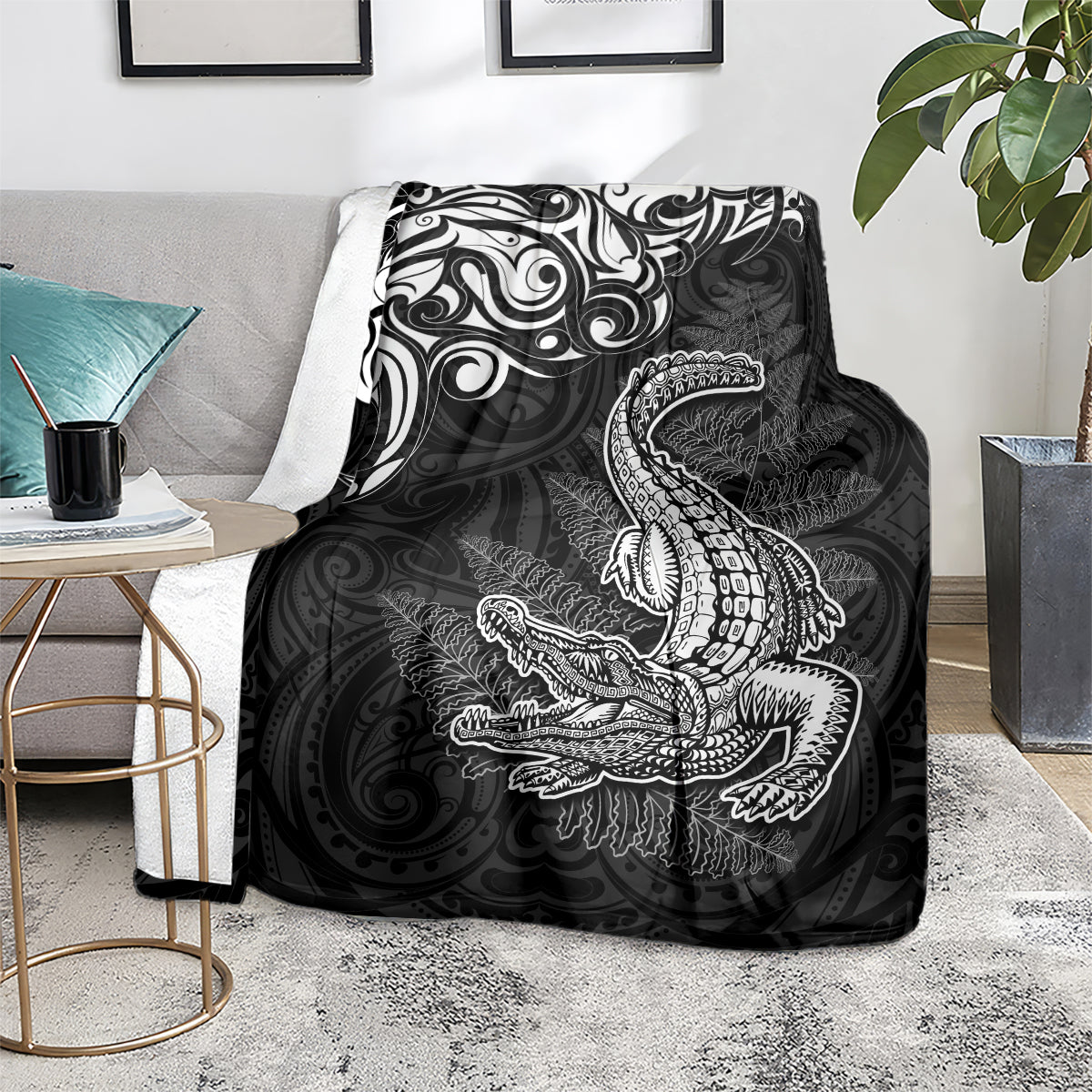 New Zealand Crocodile Tattoo and Fern Blanket Maori Pattern LT03 - Polynesian Pride
