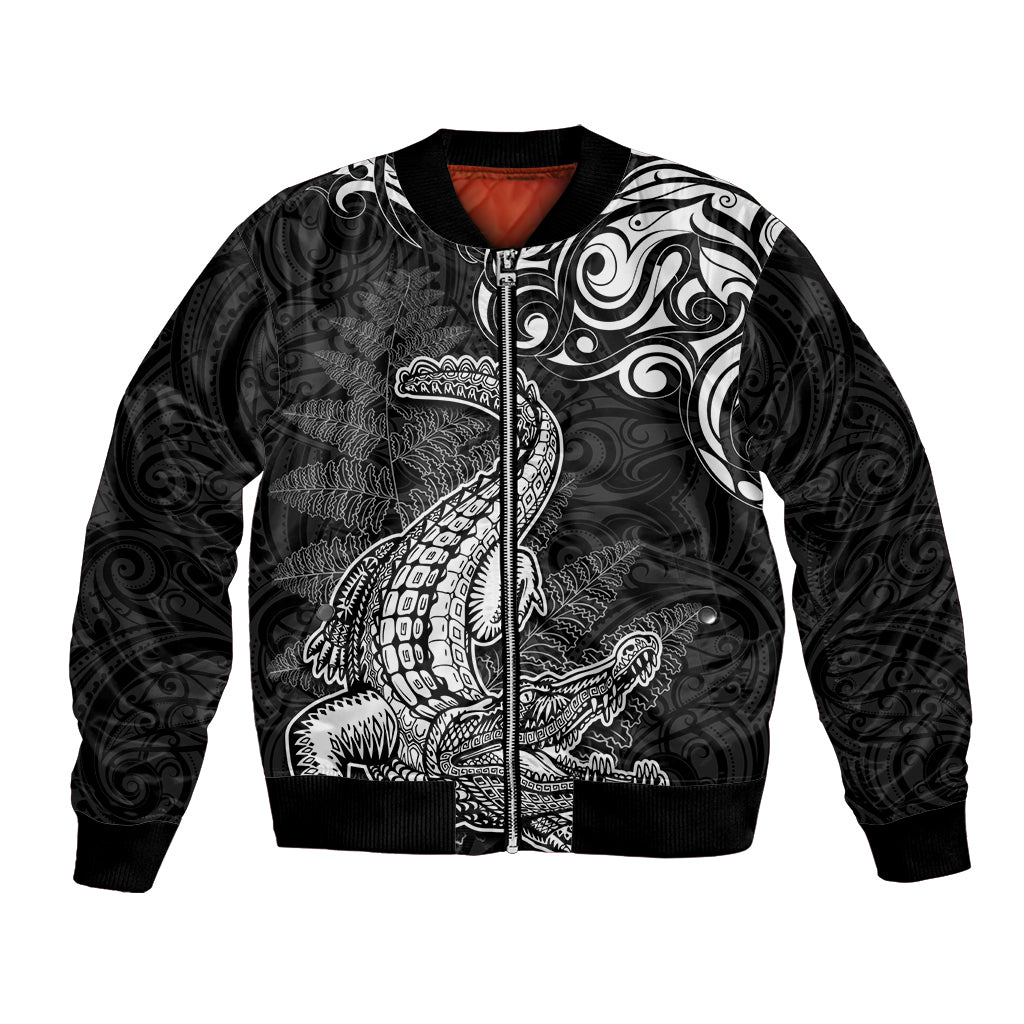 New Zealand Crocodile Tattoo and Fern Bomber Jacket Maori Pattern LT03 Unisex Black - Polynesian Pride