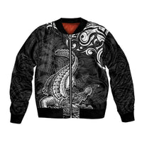New Zealand Crocodile Tattoo and Fern Bomber Jacket Maori Pattern LT03 Unisex Black - Polynesian Pride