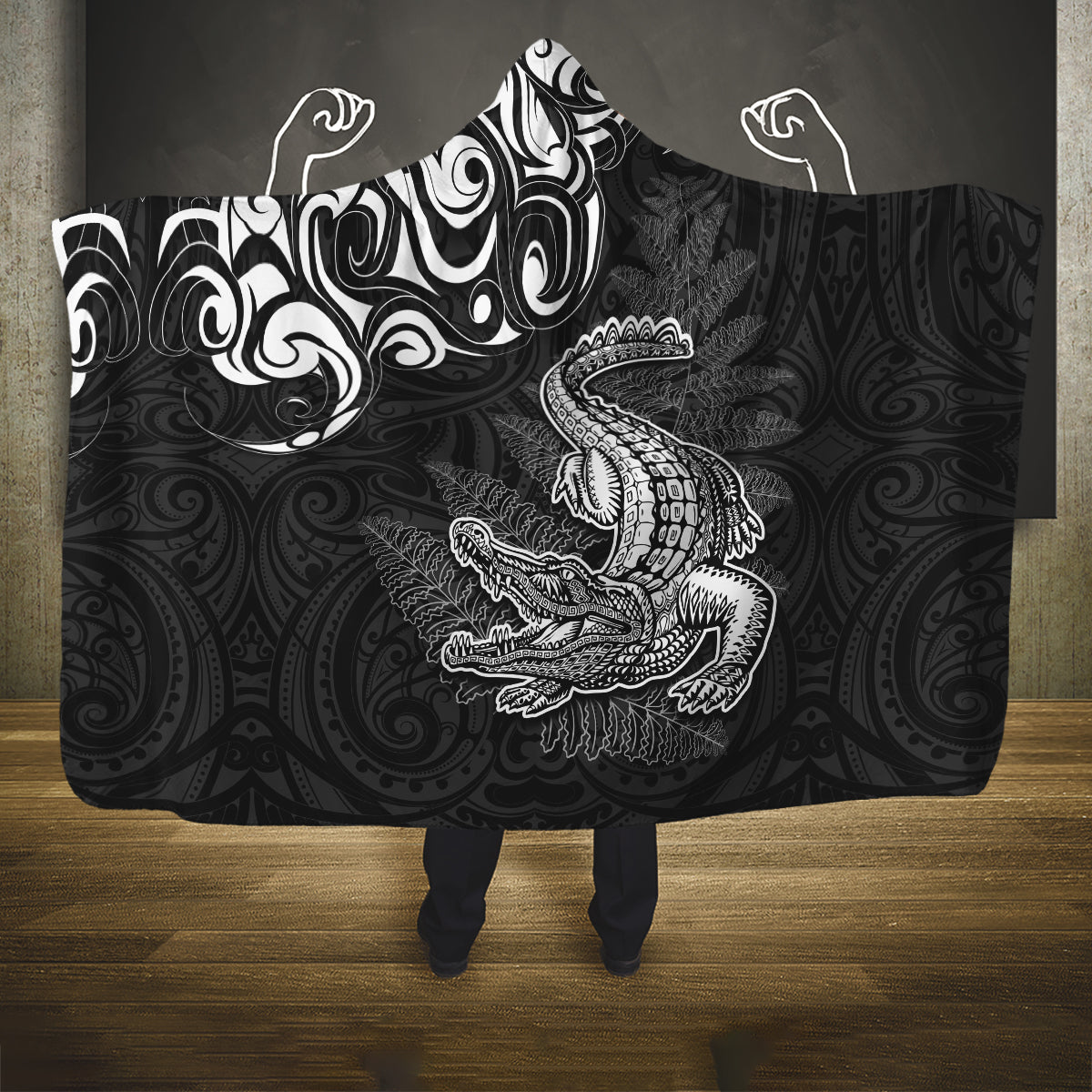 New Zealand Crocodile Tattoo and Fern Hooded Blanket Maori Pattern