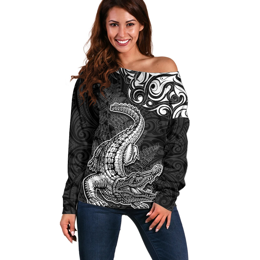 New Zealand Crocodile Tattoo and Fern Off Shoulder Sweater Maori Pattern LT03 Women Black - Polynesian Pride
