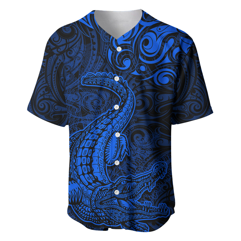 New Zealand Crocodile Tattoo and Fern Baseball Jersey Maori Pattern Blue Color LT03 Blue - Polynesian Pride