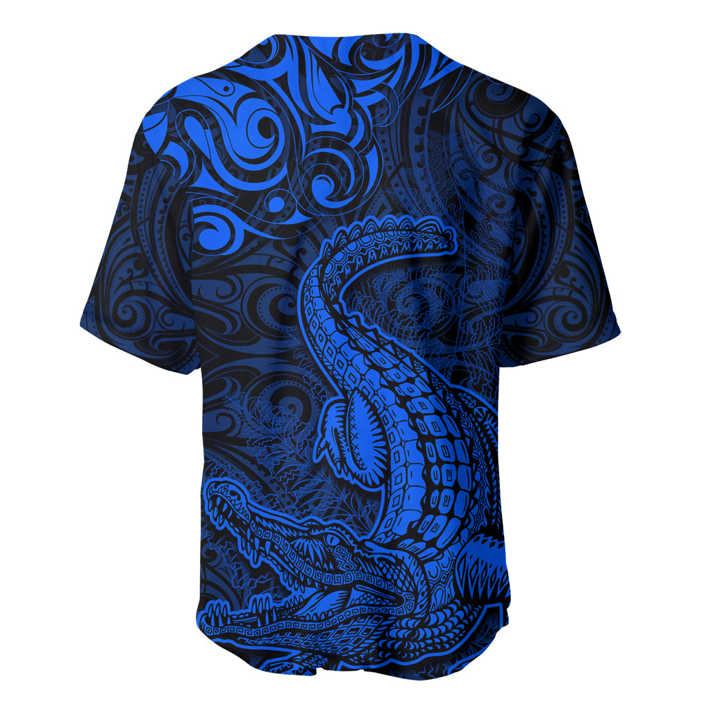 New Zealand Crocodile Tattoo and Fern Baseball Jersey Maori Pattern Blue Color LT03 - Polynesian Pride
