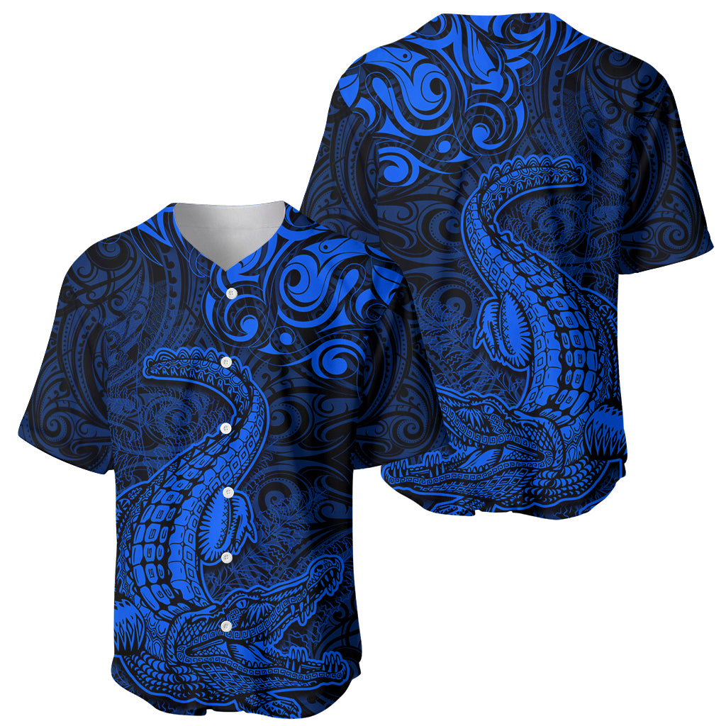 New Zealand Crocodile Tattoo and Fern Baseball Jersey Maori Pattern Blue Color LT03 - Polynesian Pride