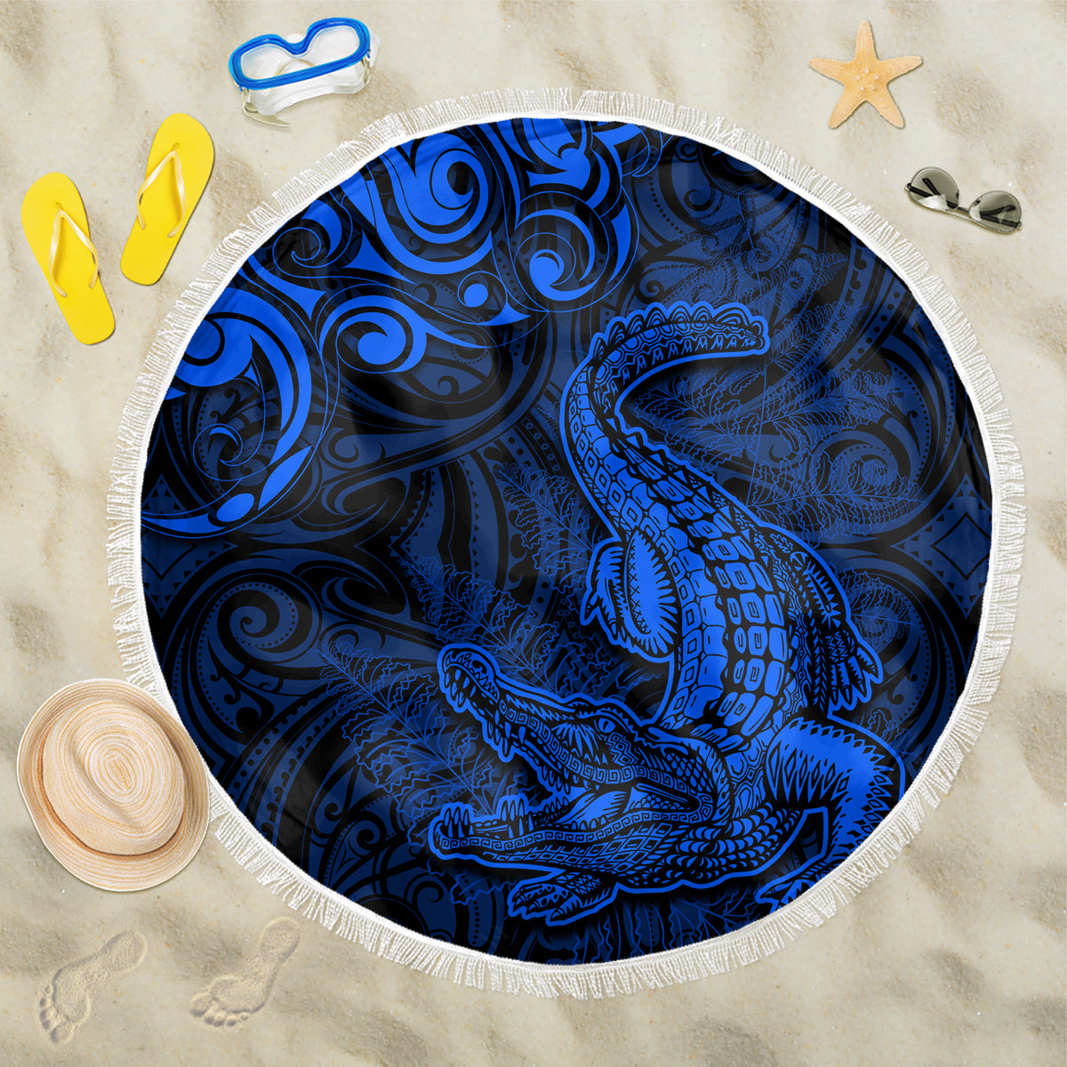 New Zealand Crocodile Tattoo and Fern Beach Blanket Maori Pattern Blue Color LT03 One Size 150cm Blue - Polynesian Pride