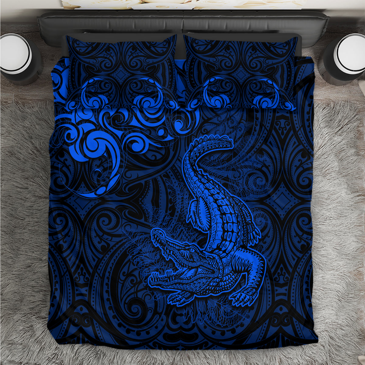 New Zealand Crocodile Tattoo and Fern Bedding Set Maori Pattern Blue Color LT03 Blue - Polynesian Pride