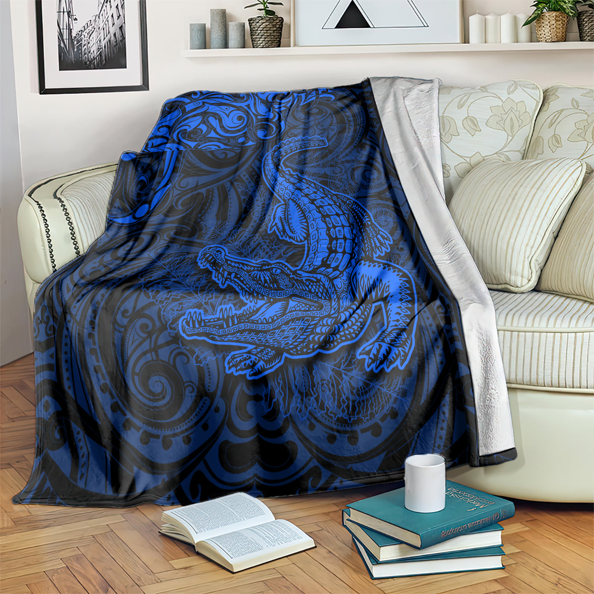 New Zealand Crocodile Tattoo and Fern Blanket Maori Pattern Blue Color LT03 Blue - Polynesian Pride