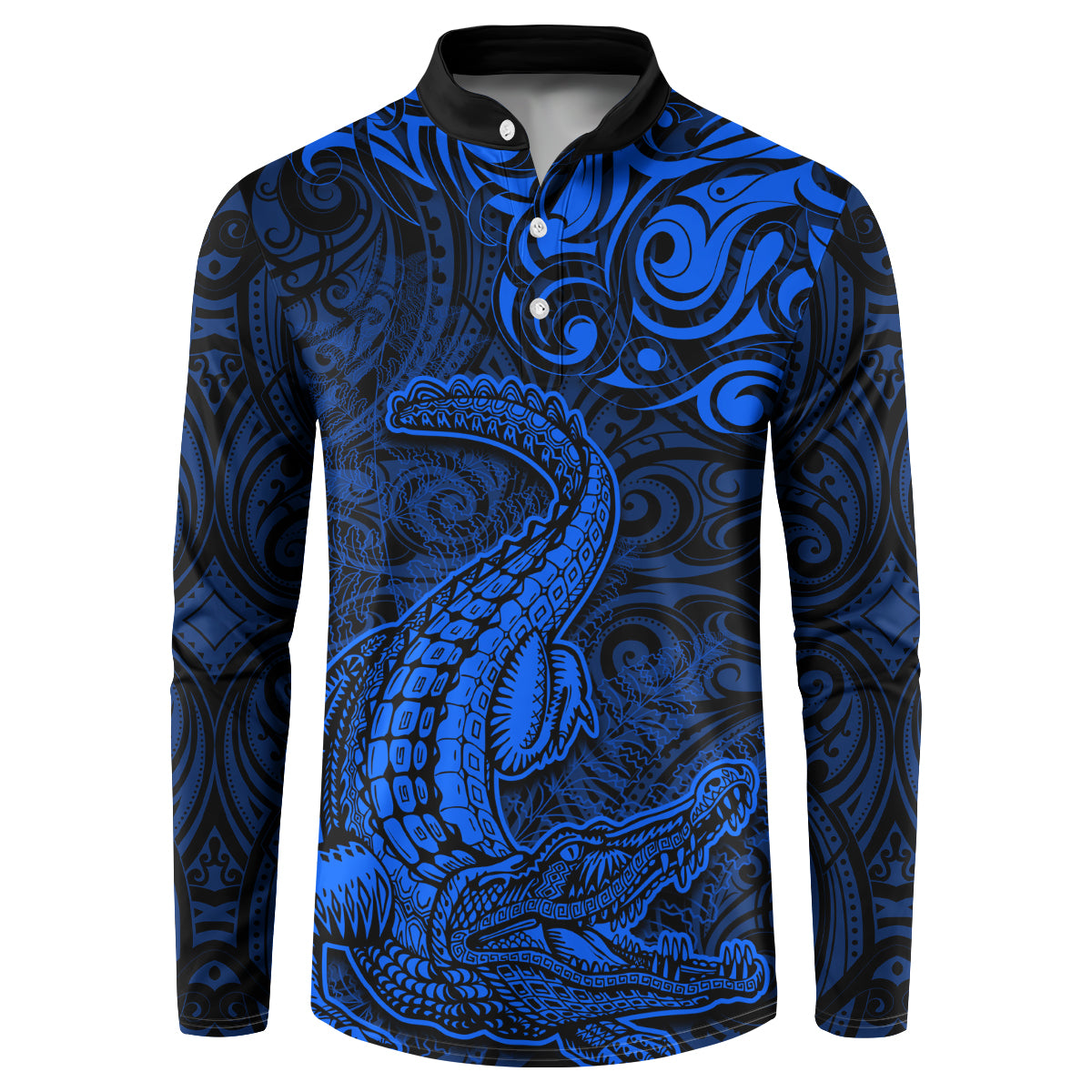 New Zealand Crocodile Tattoo and Fern Button Sweatshirt Maori Pattern Blue Color LT03 Blue - Polynesian Pride