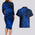 New Zealand Crocodile Tattoo and Fern Couples Matching Long Sleeve Bodycon Dress and Hawaiian Shirt Maori Pattern Blue Color