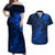 New Zealand Crocodile Tattoo and Fern Couples Matching Off Shoulder Maxi Dress and Hawaiian Shirt Maori Pattern Blue Color