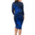 New Zealand Crocodile Tattoo and Fern Long Sleeve Bodycon Dress Maori Pattern Blue Color