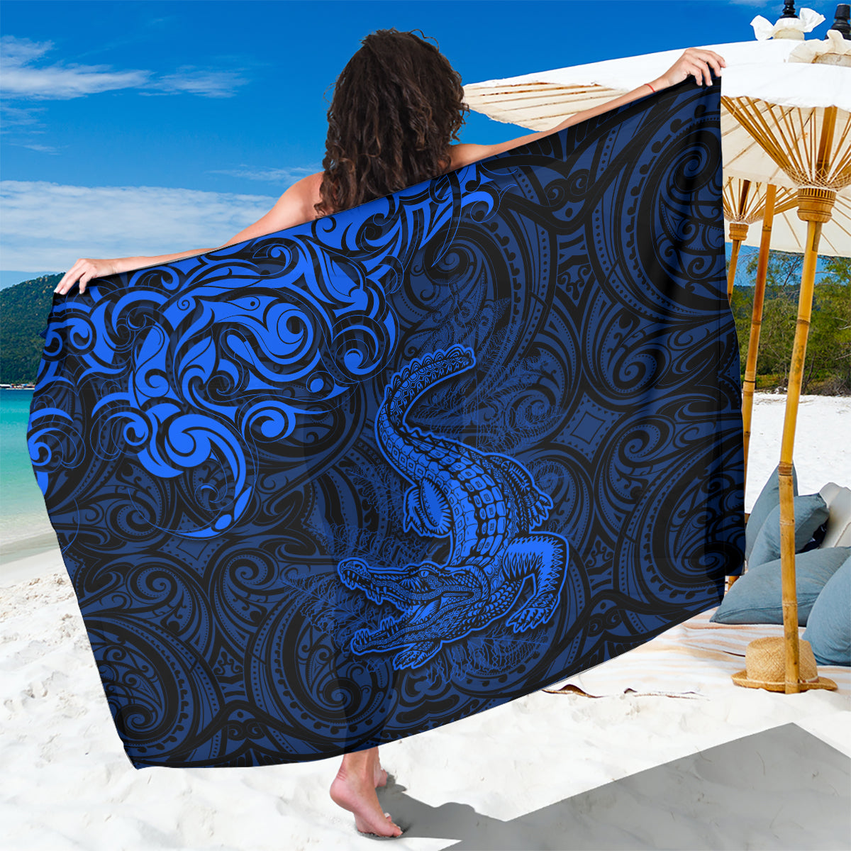 New Zealand Crocodile Tattoo and Fern Sarong Maori Pattern Blue Color LT03 One Size 44 x 66 inches Blue - Polynesian Pride