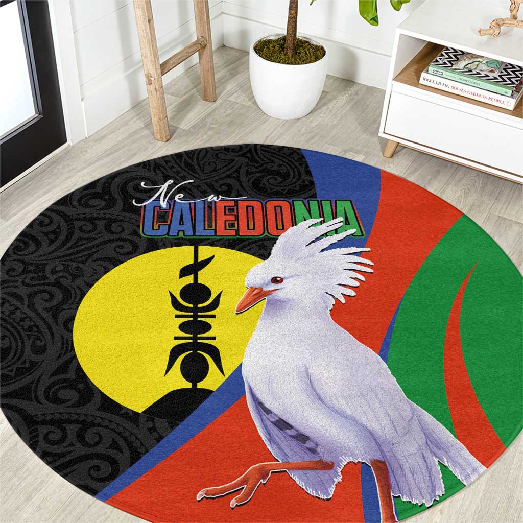 New Caledonia Round Carpet Kagu Bird and The Seal with Melanesian Culture LT03 Black - Polynesian Pride
