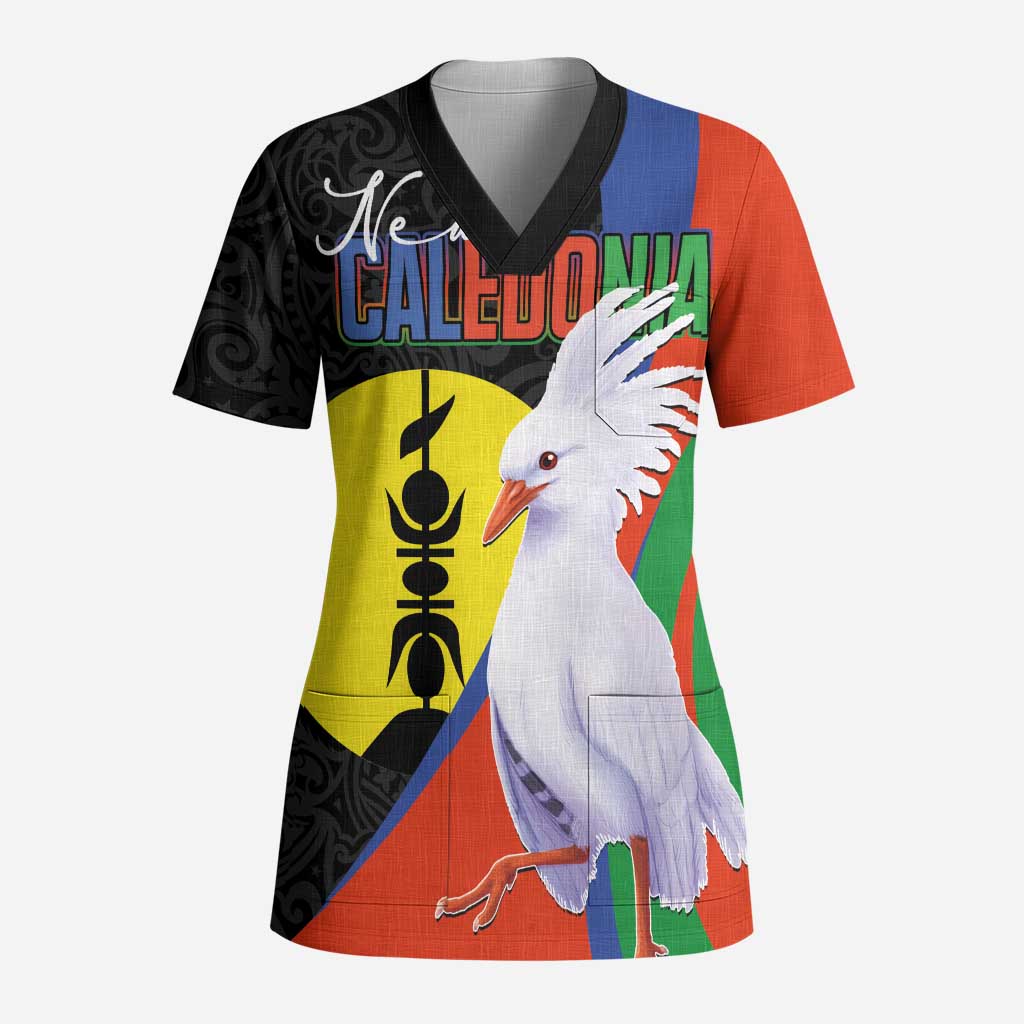 New Caledonia Scrub Top Kagu Bird and The Seal with Melanesian Culture LT03 Adult Black - Polynesian Pride