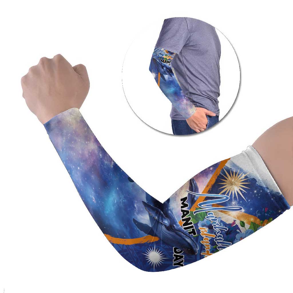 Marshall Islands Manit Day Arm Sleeves Grunge National Flag with Whales and Tribal Tattoos LT03 Set of 2 Blue - Polynesian Pride