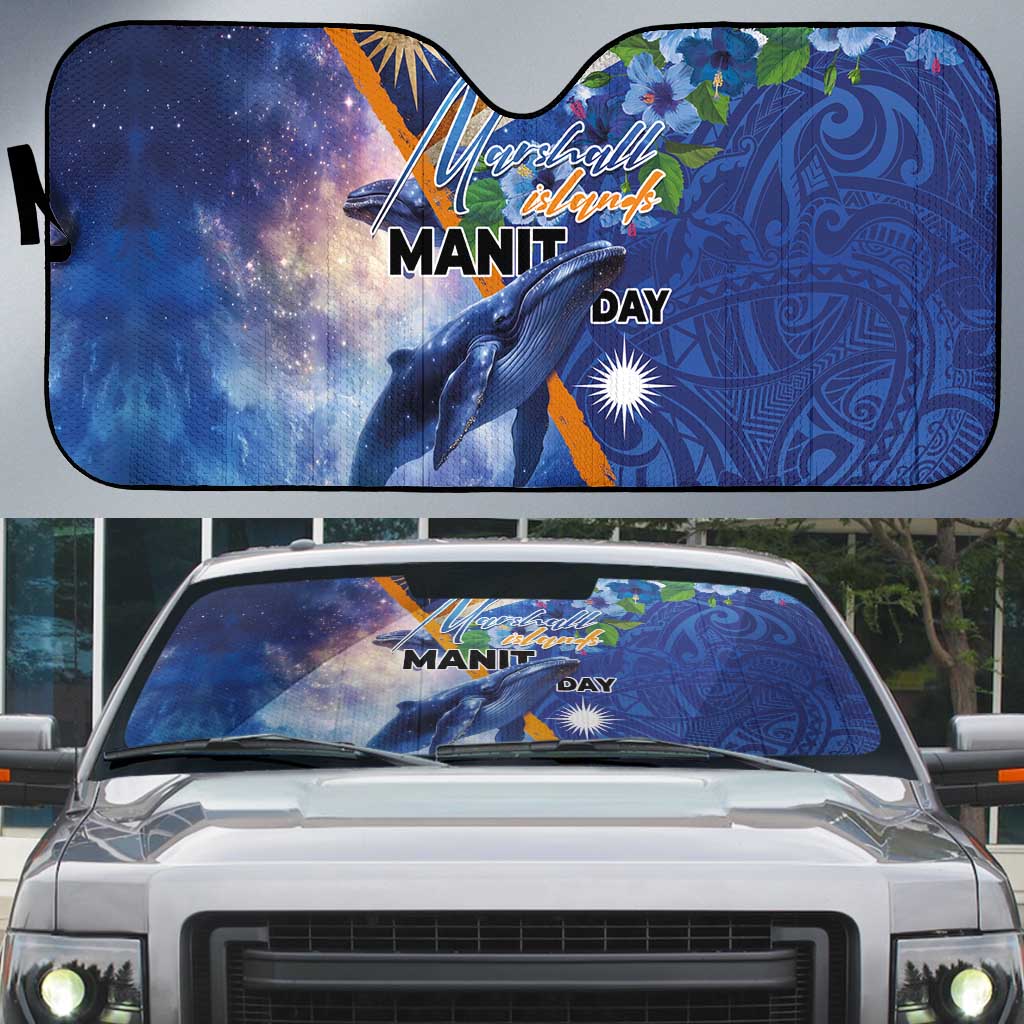 Marshall Islands Manit Day Auto Sun Shade Grunge National Flag with Whales and Tribal Tattoos LT03 Blue - Polynesian Pride