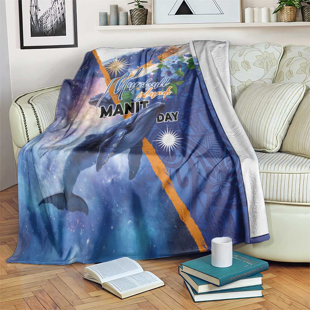 Marshall Islands Manit Day Blanket Grunge National Flag with Whales and Tribal Tattoos LT03 Blue - Polynesian Pride