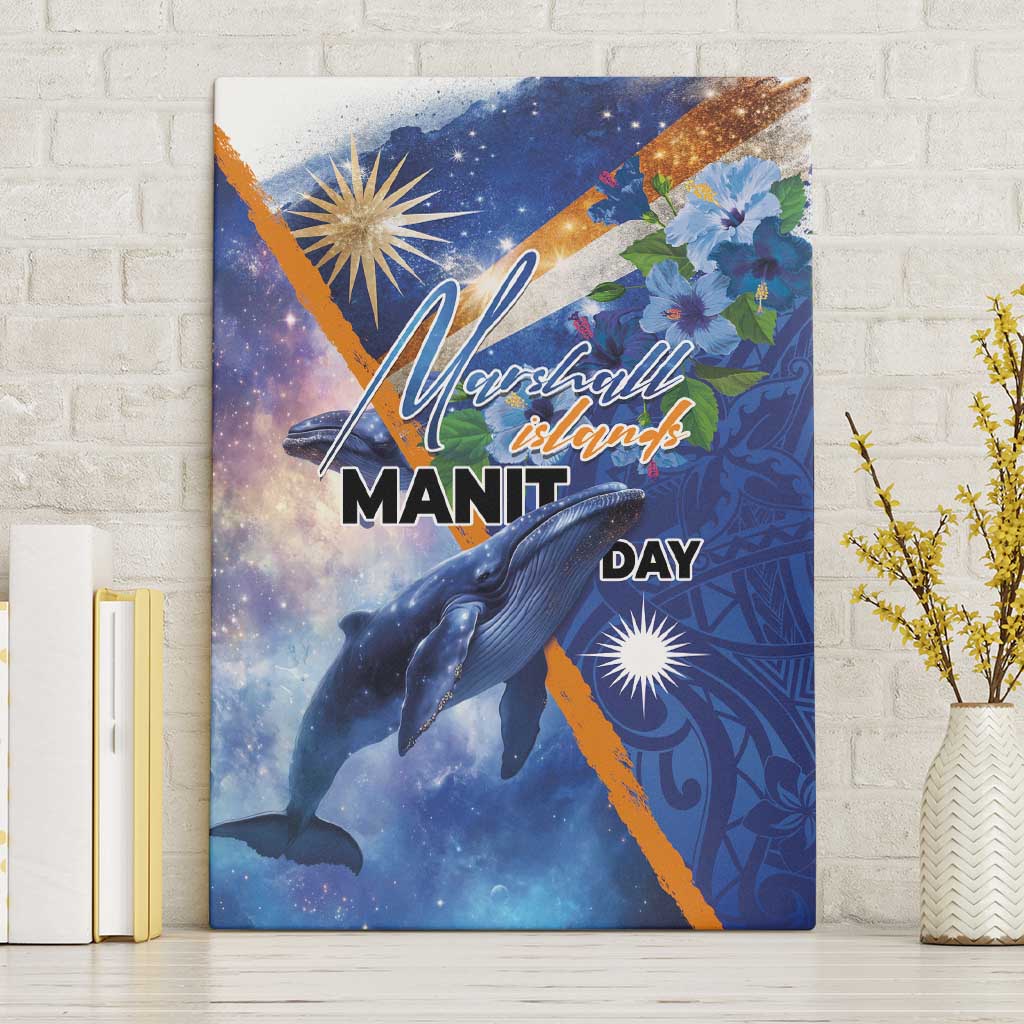 Marshall Islands Manit Day Canvas Wall Art Grunge National Flag with Whales and Tribal Tattoos LT03 Without Frame Blue - Polynesian Pride