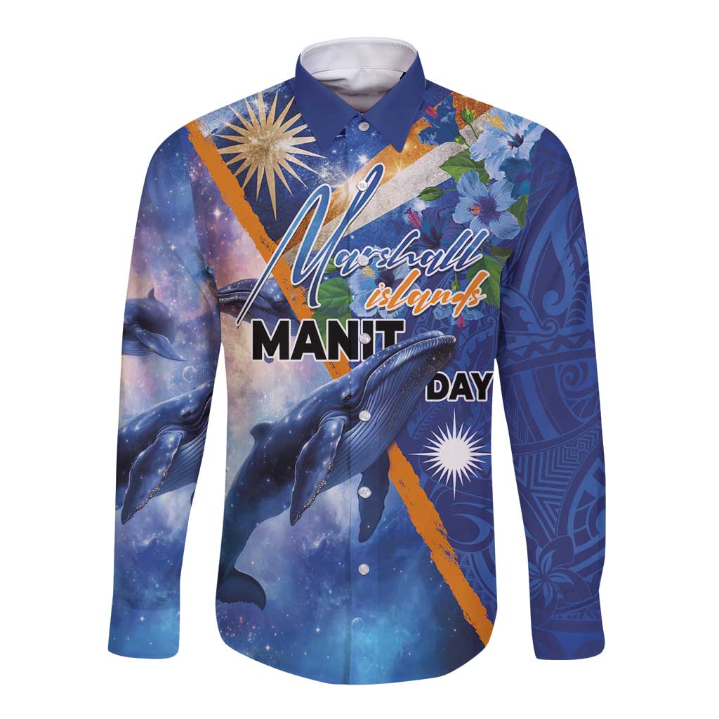 Marshall Islands Manit Day Long Sleeve Button Shirt Grunge National Flag with Whales and Tribal Tattoos LT03 Unisex Blue - Polynesian Pride