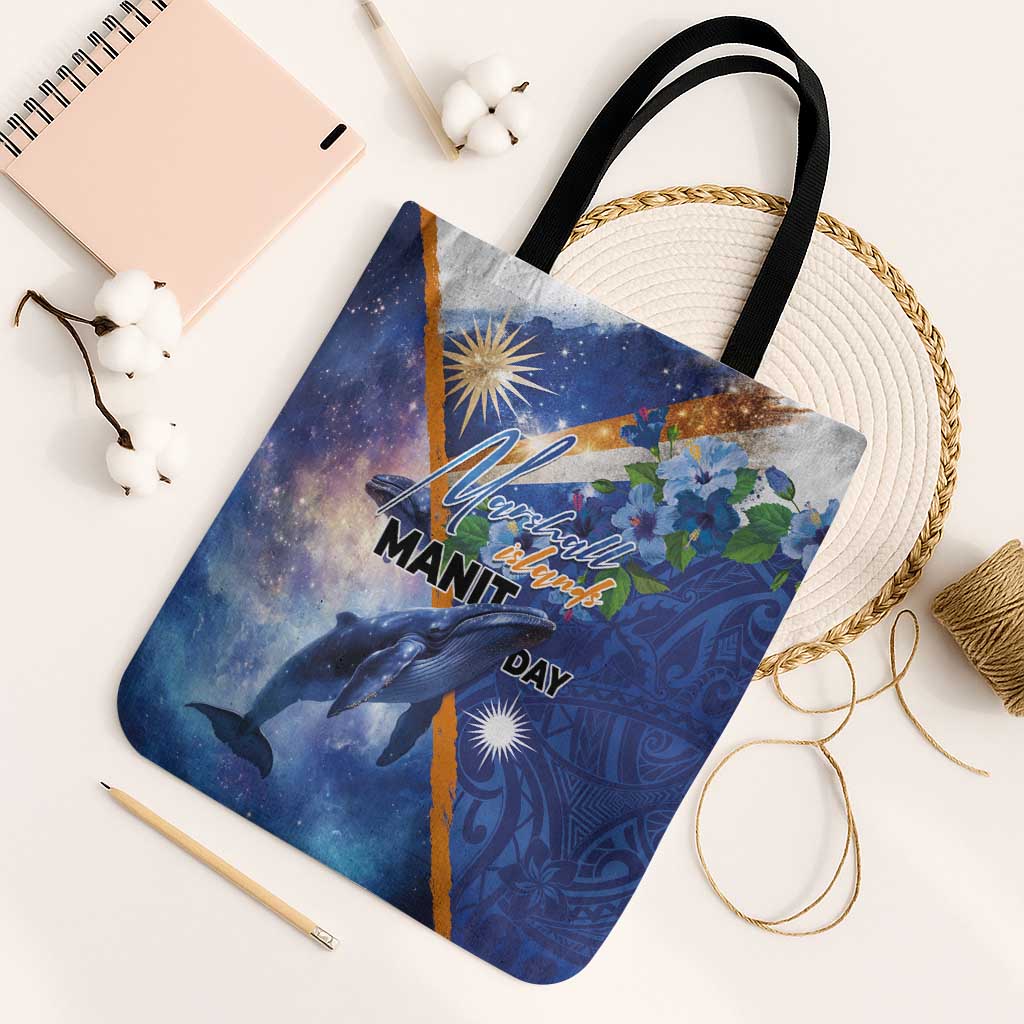 Marshall Islands Manit Day Tote Bag Grunge National Flag with Whales and Tribal Tattoos LT03 Black Strap One Size Blue - Polynesian Pride