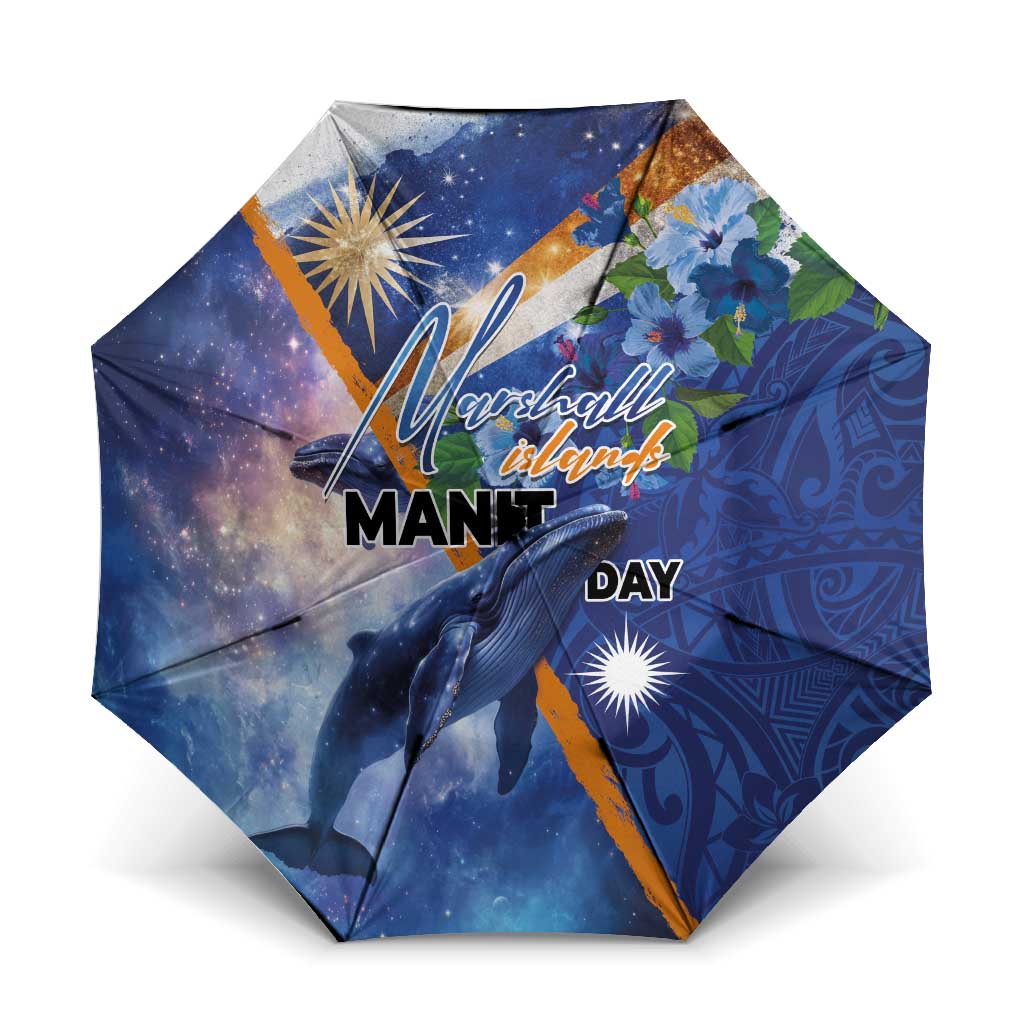 Marshall Islands Manit Day Umbrella Grunge National Flag with Whales and Tribal Tattoos LT03 One Size Folded 11.42 inch Opened Diameter 37.4 inch Blue - Polynesian Pride