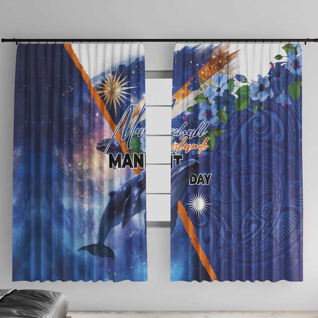 Marshall Islands Manit Day Window Curtain Grunge National Flag with Whales and Tribal Tattoos LT03 With Hooks Blue - Polynesian Pride