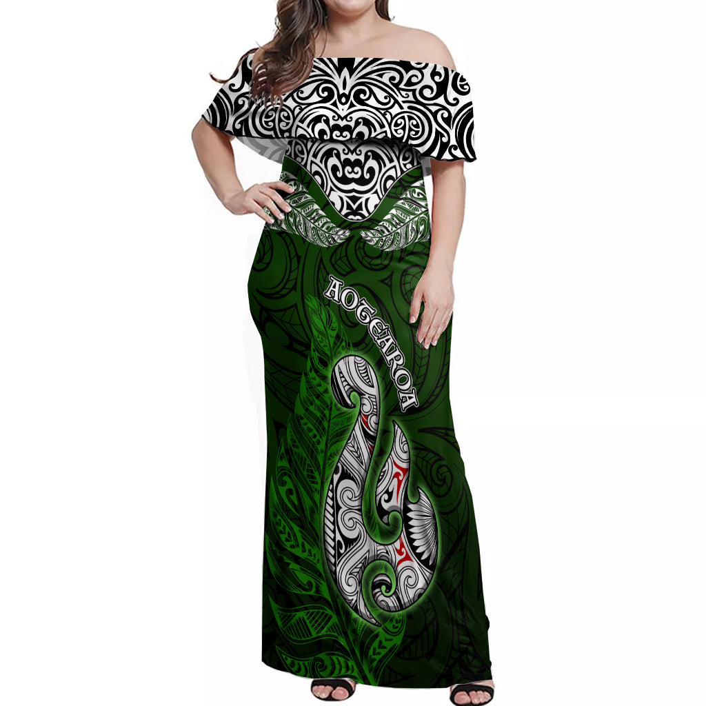 Aotearoa New Zealand Off Shoulder Maxi Dress Silver Fern and Matau with Maori Tribal Green Style LT03 Women Green - Polynesian Pride