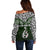 Aotearoa New Zealand Off Shoulder Sweater Silver Fern and Matau with Maori Tribal Green Style LT03 - Polynesian Pride