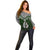 Aotearoa New Zealand Off Shoulder Sweater Silver Fern and Matau with Maori Tribal Green Style LT03 - Polynesian Pride