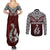 Aotearoa New Zealand Couples Matching Summer Maxi Dress and Long Sleeve Button Shirts Silver Fern and Matau with Maori Tribal Red Style LT03 - Polynesian Pride