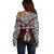 Aotearoa New Zealand Off Shoulder Sweater Silver Fern and Matau with Maori Tribal Red Style LT03 - Polynesian Pride