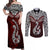 Custom Aotearoa New Zealand Couples Matching Off Shoulder Maxi Dress and Long Sleeve Button Shirts Silver Fern and Matau with Maori Tribal Red Style LT03 Red - Polynesian Pride