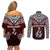 Custom Aotearoa New Zealand Couples Matching Off Shoulder Short Dress and Long Sleeve Button Shirts Silver Fern and Matau with Maori Tribal Red Style LT03 - Polynesian Pride