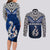 Aotearoa New Zealand Couples Matching Long Sleeve Bodycon Dress and Long Sleeve Button Shirts Silver Fern and Matau with Maori Tribal Blue Style LT03 - Polynesian Pride