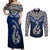 Aotearoa New Zealand Couples Matching Off Shoulder Maxi Dress and Long Sleeve Button Shirts Silver Fern and Matau with Maori Tribal Blue Style LT03 Blue - Polynesian Pride