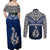 Aotearoa New Zealand Couples Matching Off Shoulder Maxi Dress and Long Sleeve Button Shirts Silver Fern and Matau with Maori Tribal Blue Style LT03 - Polynesian Pride