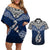 Aotearoa New Zealand Couples Matching Off Shoulder Short Dress and Hawaiian Shirt Silver Fern and Matau with Maori Tribal Blue Style LT03 Blue - Polynesian Pride