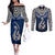 Aotearoa New Zealand Couples Matching Off The Shoulder Long Sleeve Dress and Long Sleeve Button Shirts Silver Fern and Matau with Maori Tribal Blue Style LT03 Blue - Polynesian Pride