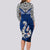 Aotearoa New Zealand Long Sleeve Bodycon Dress Silver Fern and Matau with Maori Tribal Blue Style LT03 - Polynesian Pride