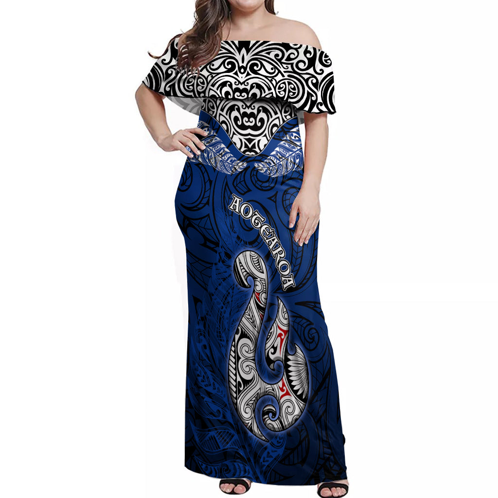 Aotearoa New Zealand Off Shoulder Maxi Dress Silver Fern and Matau with Maori Tribal Blue Style LT03 Women Blue - Polynesian Pride