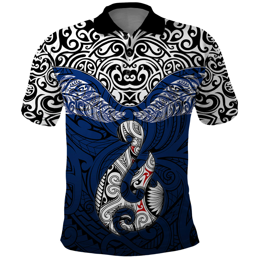 Aotearoa New Zealand Polo Shirt Silver Fern and Matau with Maori Tribal Blue Style LT03 Blue - Polynesian Pride