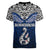 Aotearoa New Zealand Women V Neck T Shirt Silver Fern and Matau with Maori Tribal Blue Style LT03 - Polynesian Pride