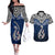 Custom Aotearoa New Zealand Couples Matching Off The Shoulder Long Sleeve Dress and Hawaiian Shirt Silver Fern and Matau with Maori Tribal Blue Style LT03 Blue - Polynesian Pride