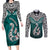 Aotearoa New Zealand Couples Matching Long Sleeve Bodycon Dress and Long Sleeve Button Shirts Silver Fern and Matau with Maori Tribal Turquoise Style LT03 Turquoise - Polynesian Pride