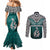 Aotearoa New Zealand Couples Matching Mermaid Dress and Long Sleeve Button Shirts Silver Fern and Matau with Maori Tribal Turquoise Style LT03 - Polynesian Pride