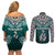 Aotearoa New Zealand Couples Matching Off Shoulder Short Dress and Long Sleeve Button Shirts Silver Fern and Matau with Maori Tribal Turquoise Style LT03 - Polynesian Pride